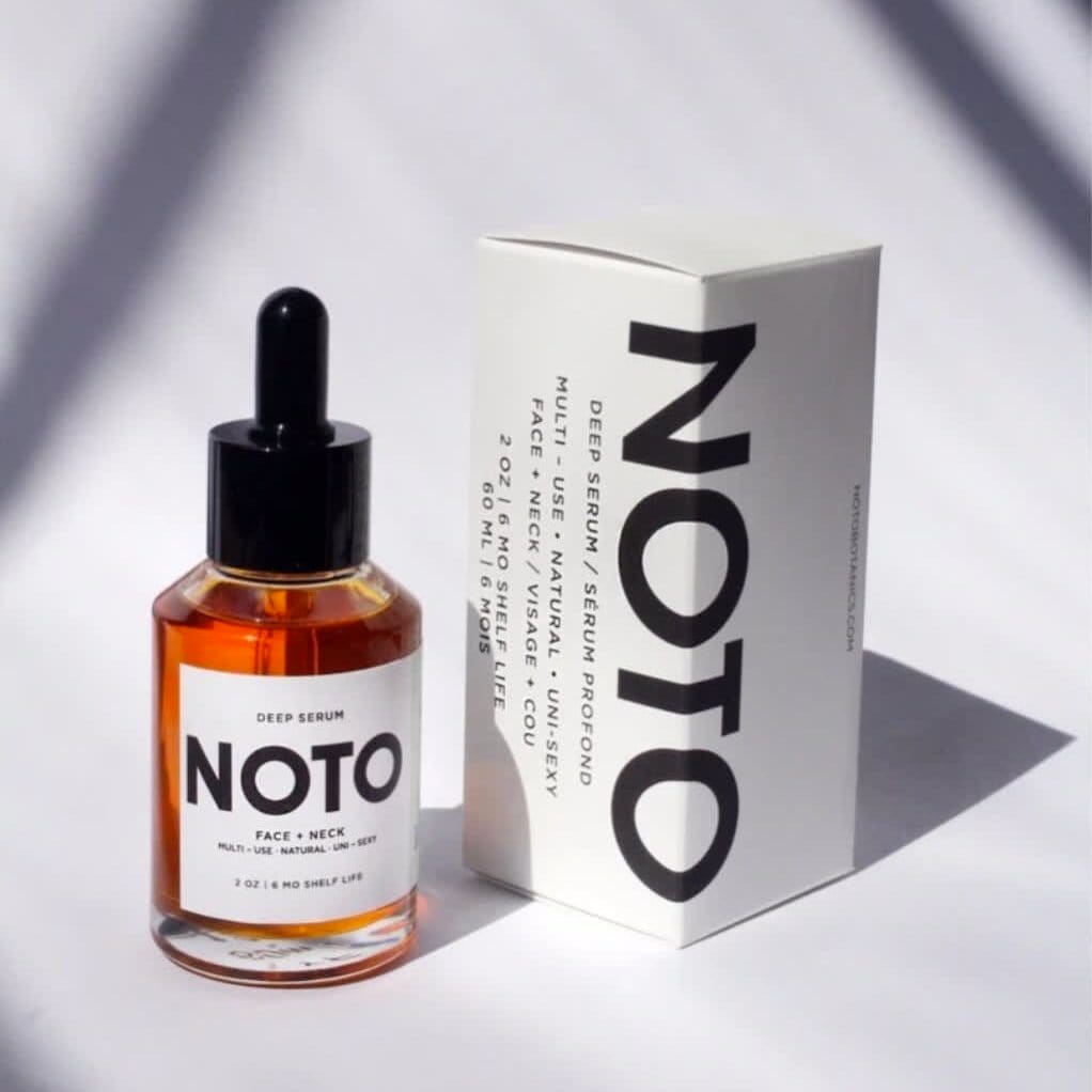 Drip bottle and white box minimalist packaging for NOTO cosmetics.