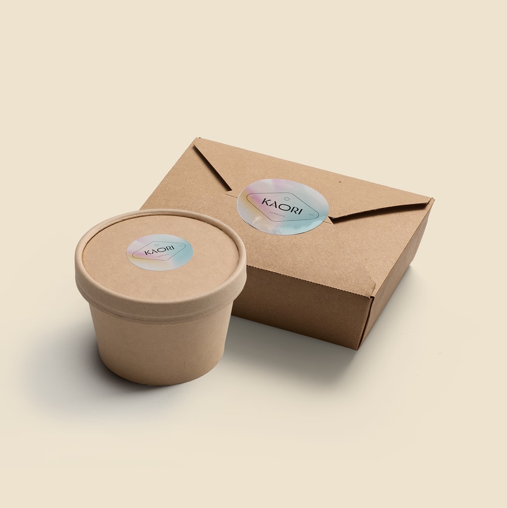 Kraft food packaging in a cylinder and rectangular shape.