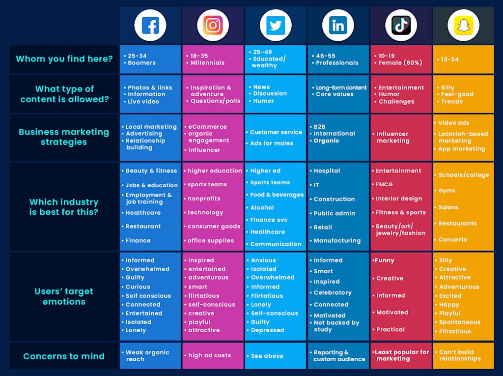 Social media marketing platforms comparison chart showing audience demographics, content types, and strategies for digital marketing for business in 2026.