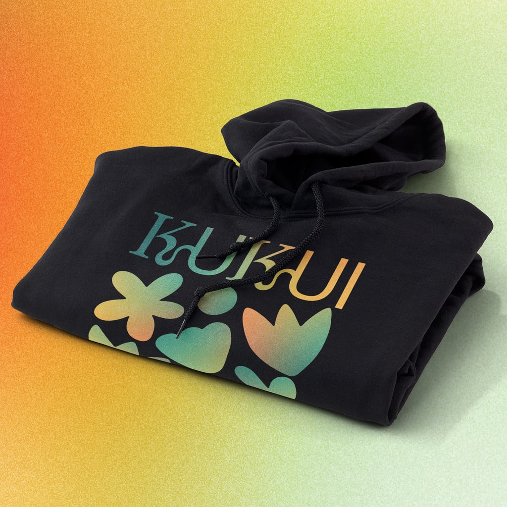 Black custom hoodie sweatshirt with rainbow-colored brand logo featuring the brand name in wavy-edged serif font