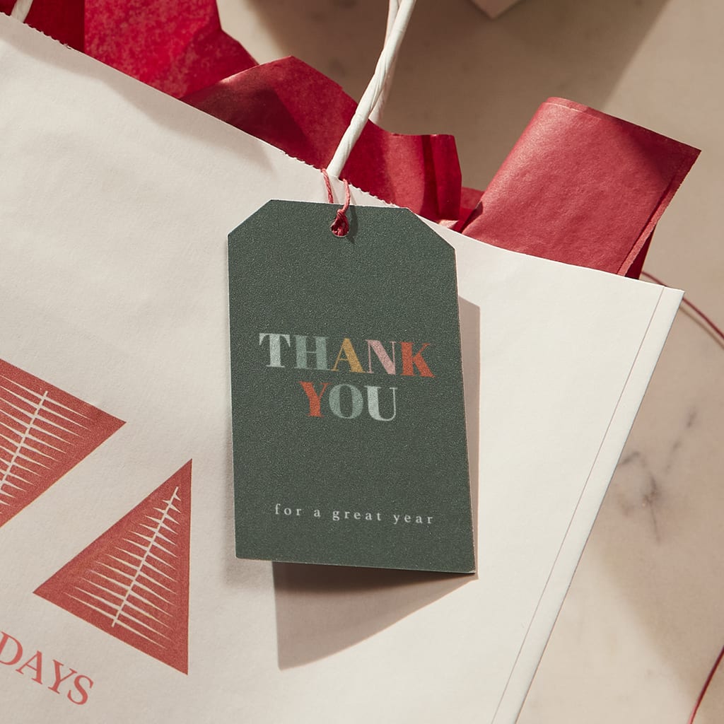Holiday packaging with a thank-you tag
