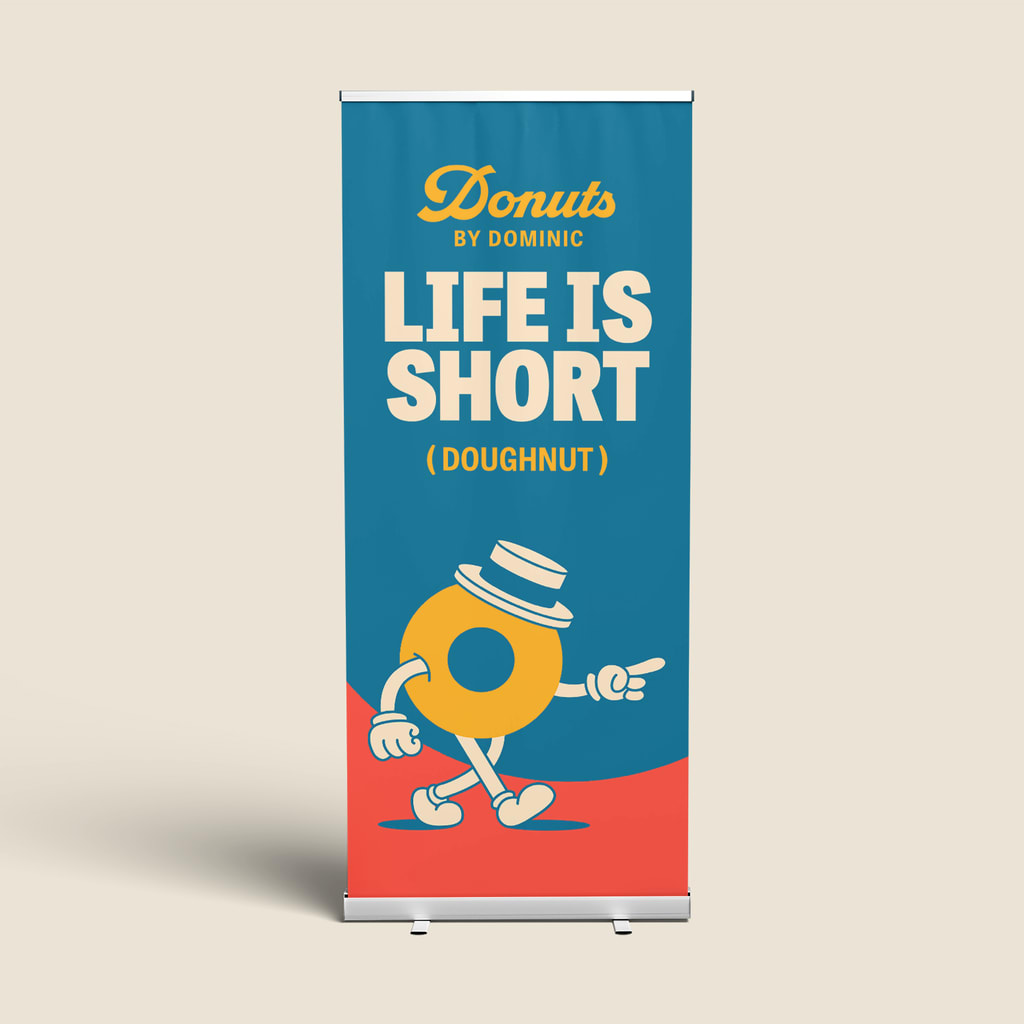 Donut shop banner with a logo, image of a donut and tagline text
