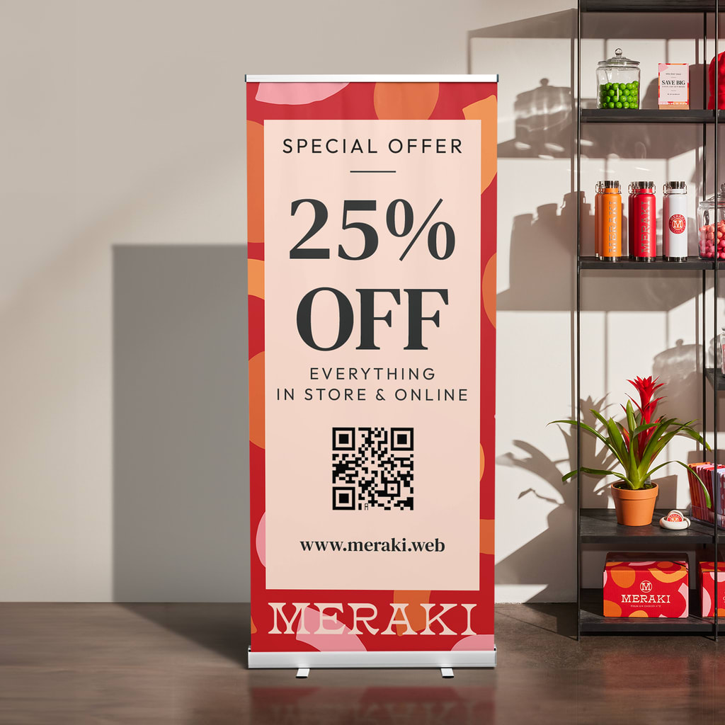 Chocolate shop retractable banner idea with a QR code offering a discount in-store and online