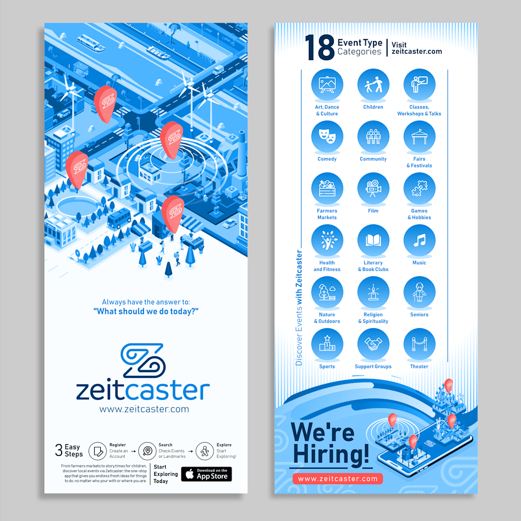 Tall white postcard with blue images and text