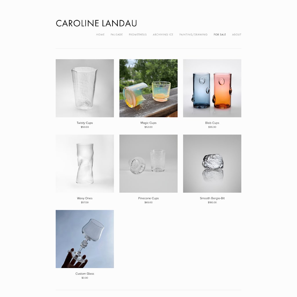 minimal web design snapshot of glassware brand with multi-product view