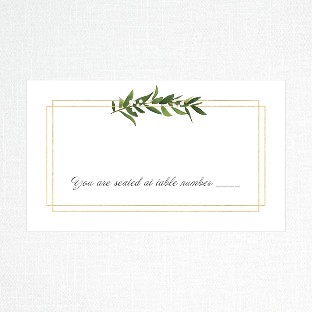 place card featuring watercolor plant imagery in shades of green with a white border
