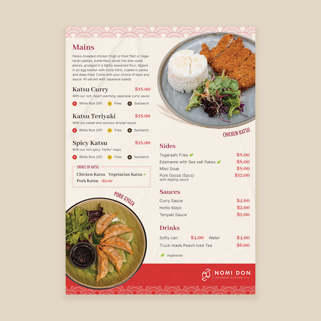 Japanese food truck menu design that combines copy with photos of dishes