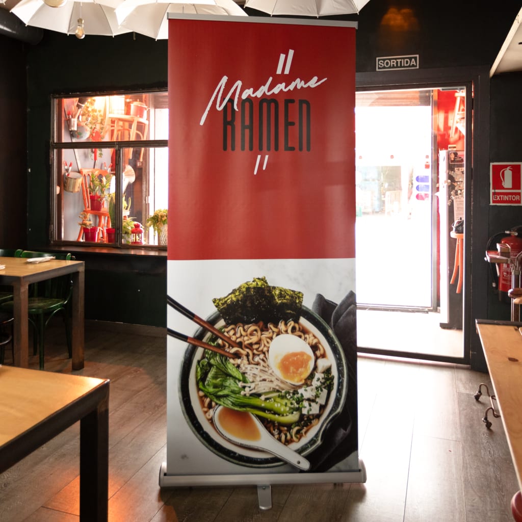 Ramen shop retractable banner example with image of ramen and large logo