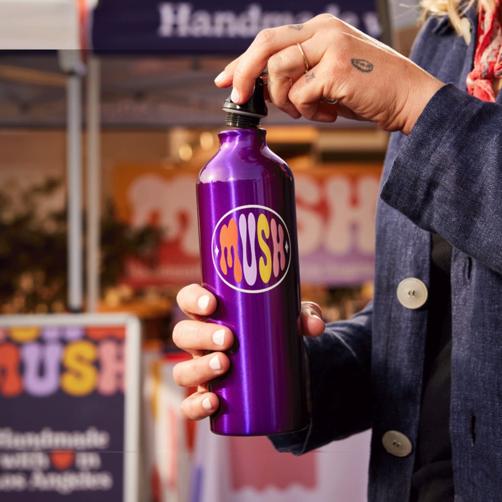 purple branded aluminum water bottle with carabiner