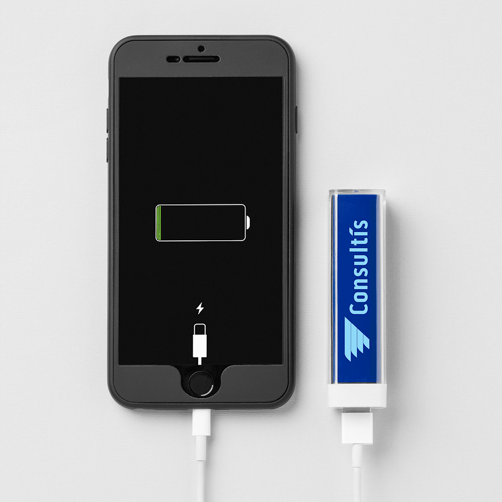 Phone with low battery plugged into customized portable charger