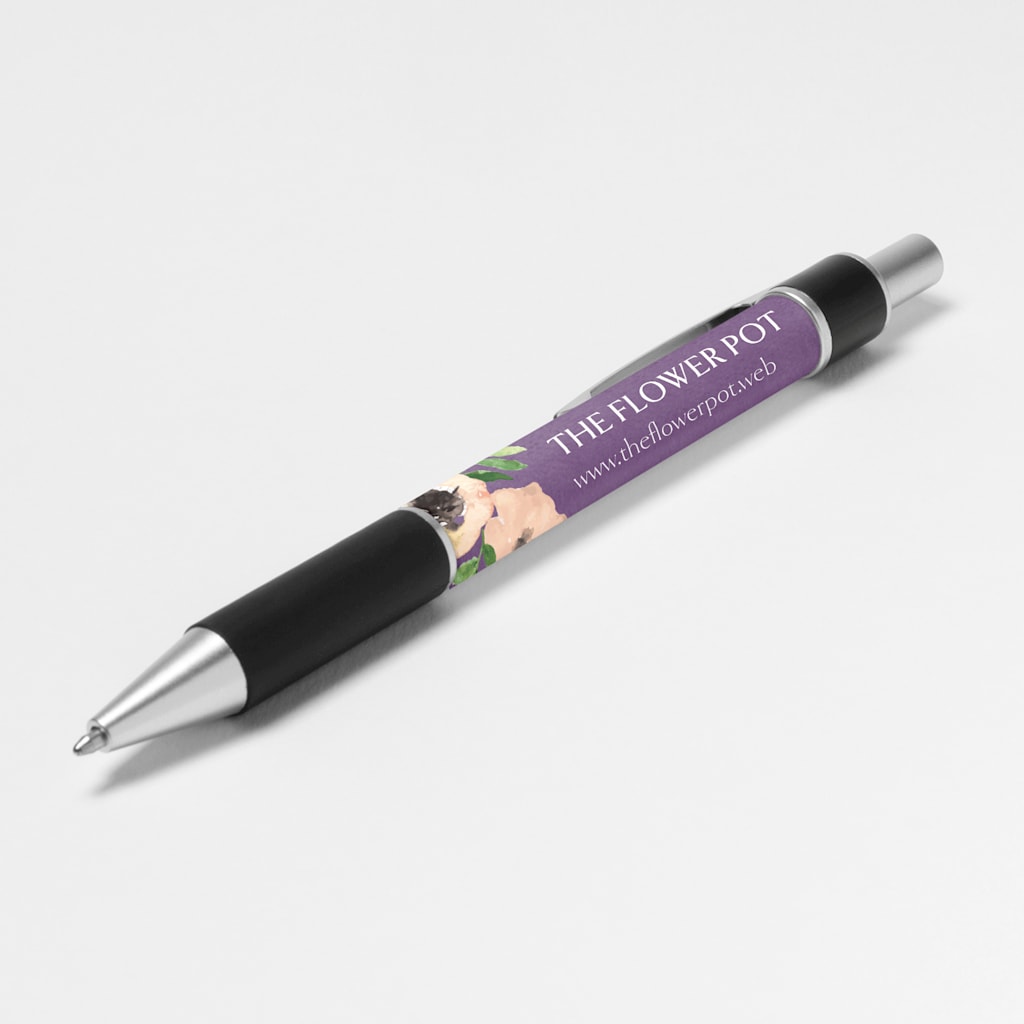A purple ballpoint pen promoting  a florist business