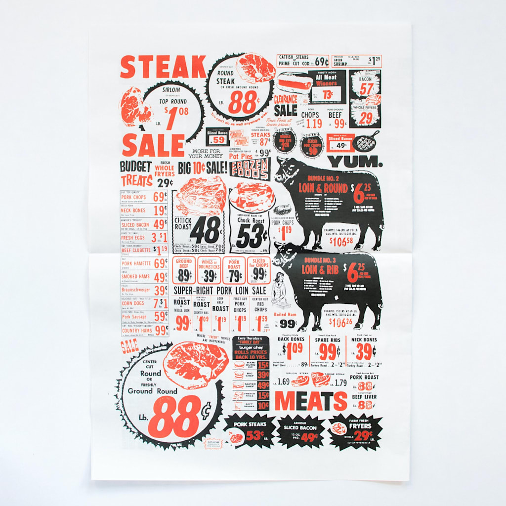 Vivid single-page butchery flyer on a white table.