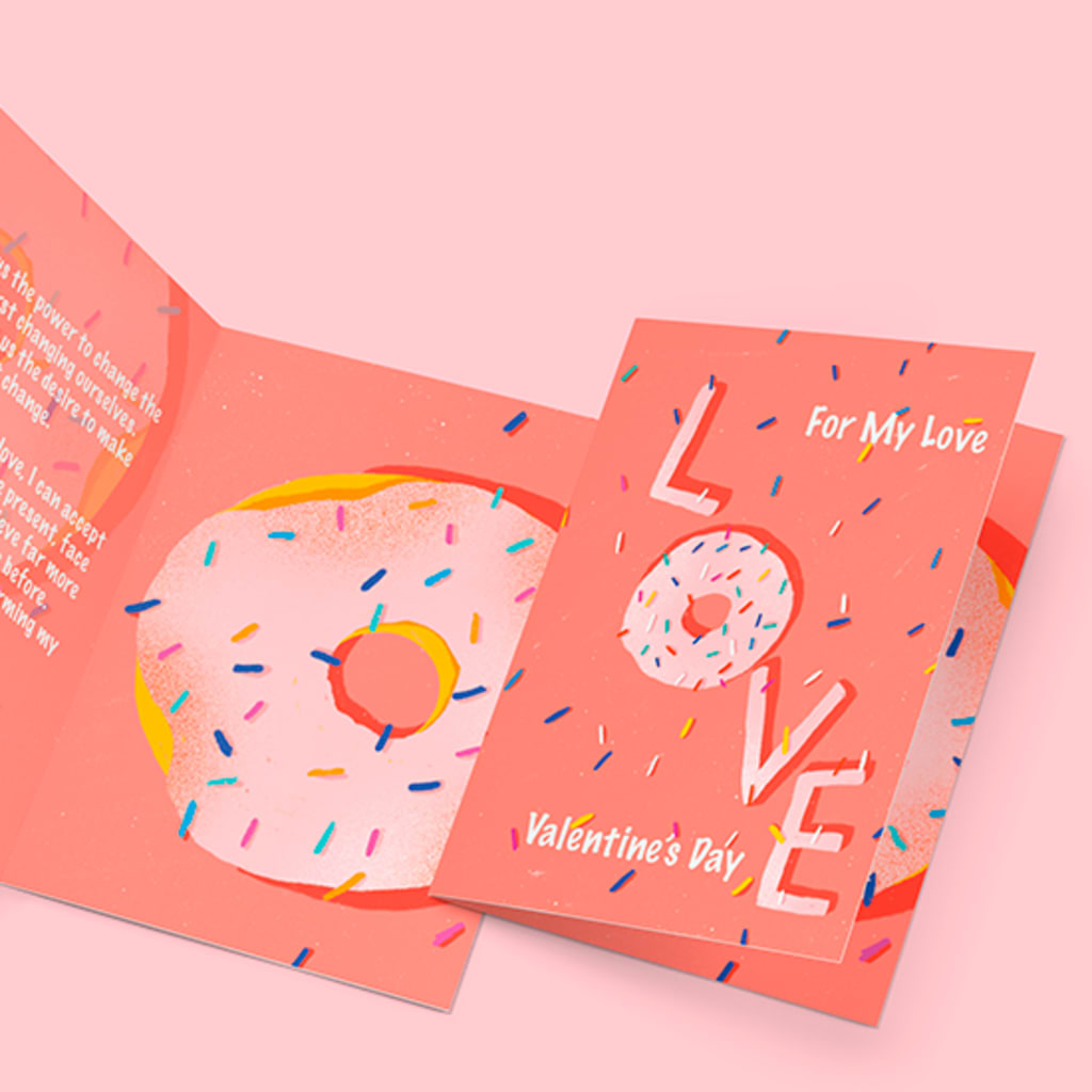 Coral Valentine’s Day card mockup featuring a colorful sprinkled donut design and “For My Love” message.