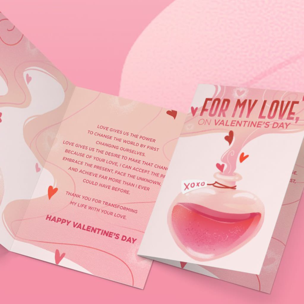 Pink Valentine&rsquo;s Day card mockup featuring a love potion illustration, heart details and a romantic message.