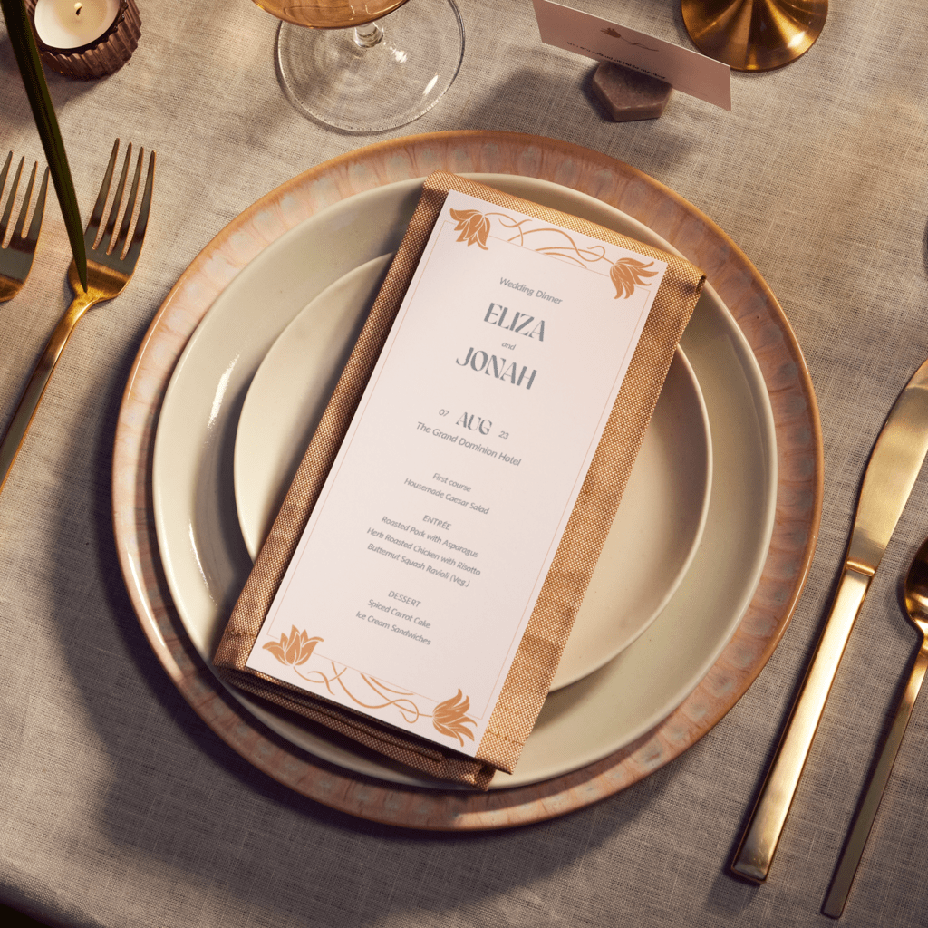 wedding menu card displayed on top of plate setting