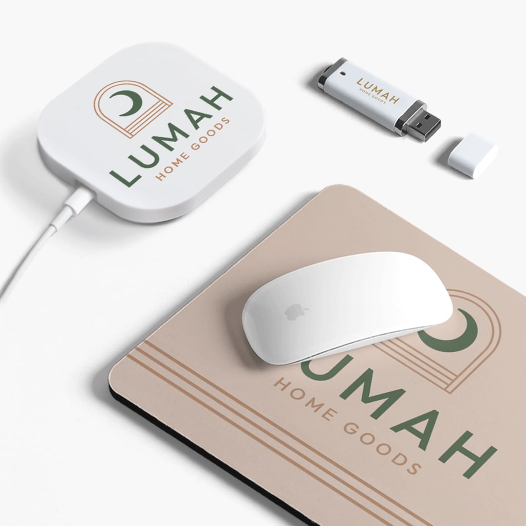 Branded wireless charger, mouse mat and USB stick career fair swag