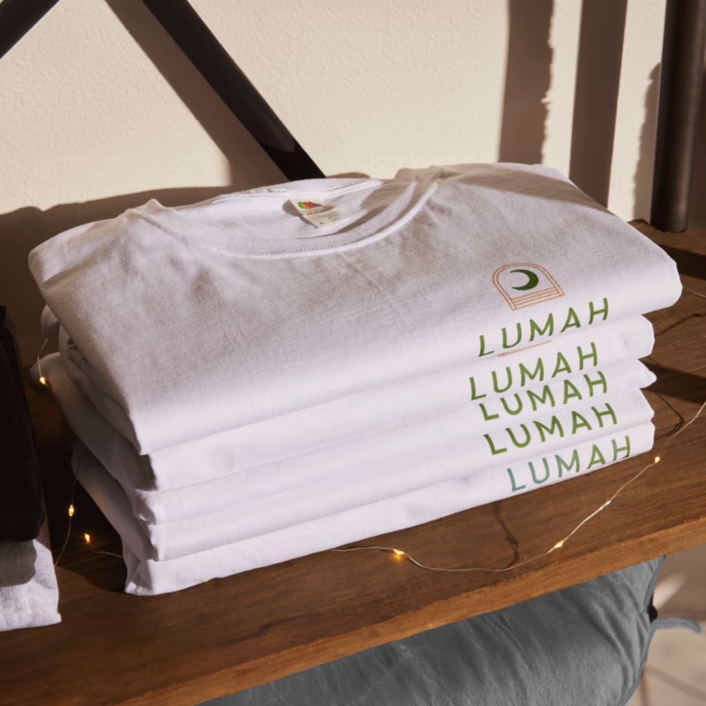 A stack of branded T-shirts.