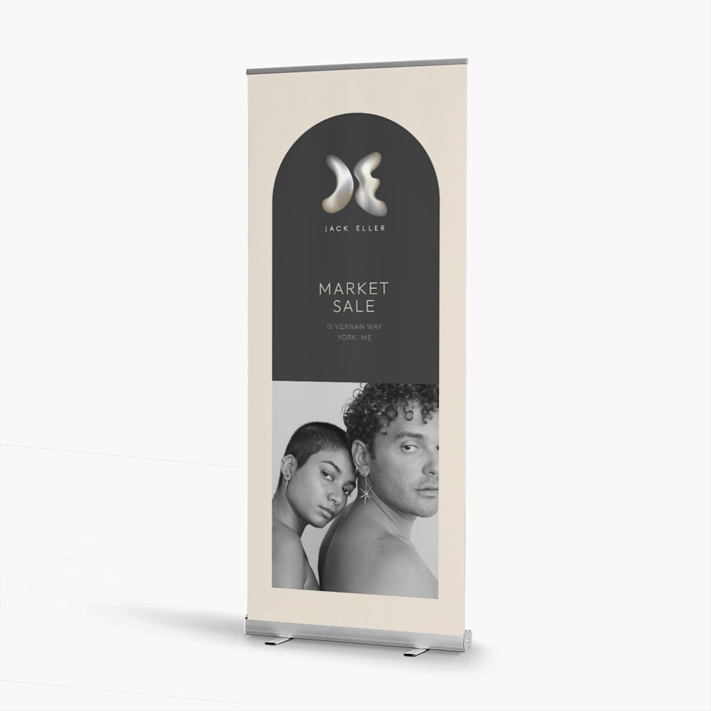 Promotional standing banner promoting a retail sale