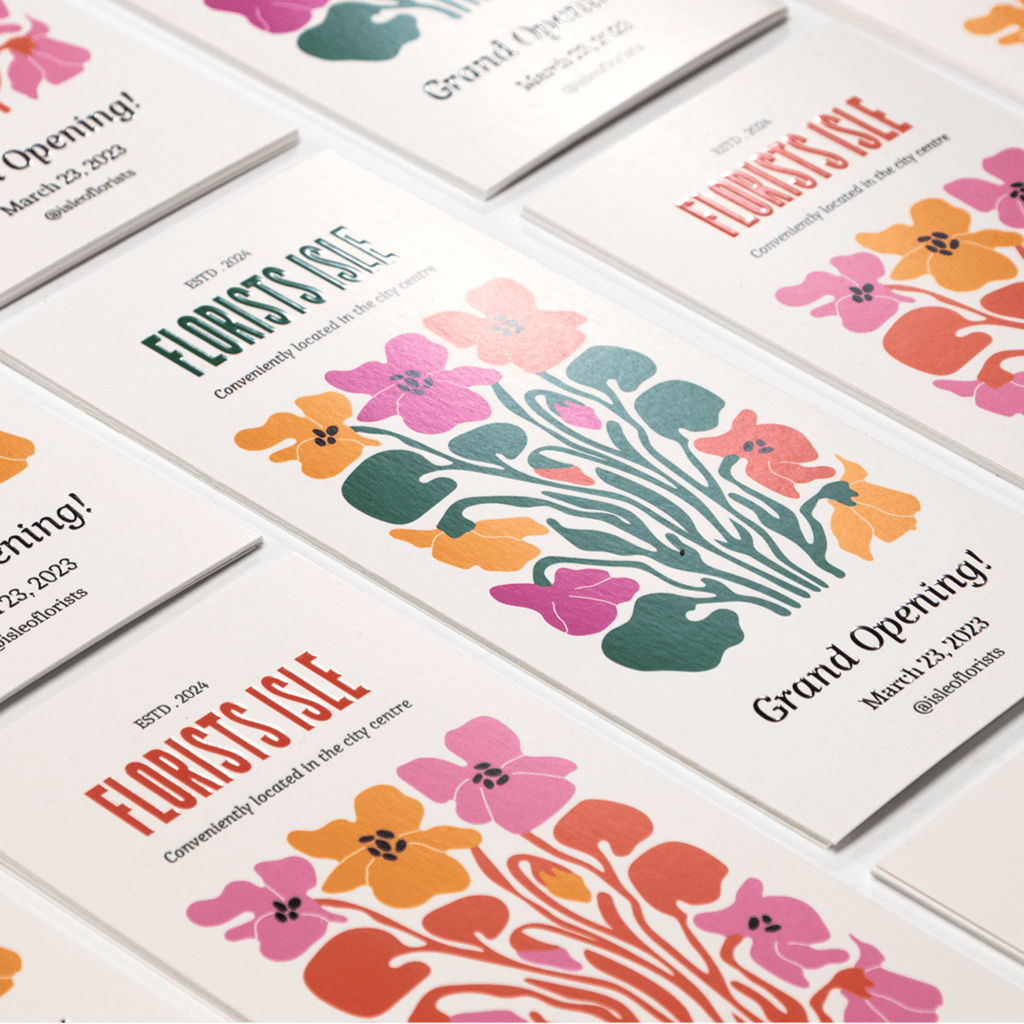 Embossed folded leaflet for a florist's grand opening.