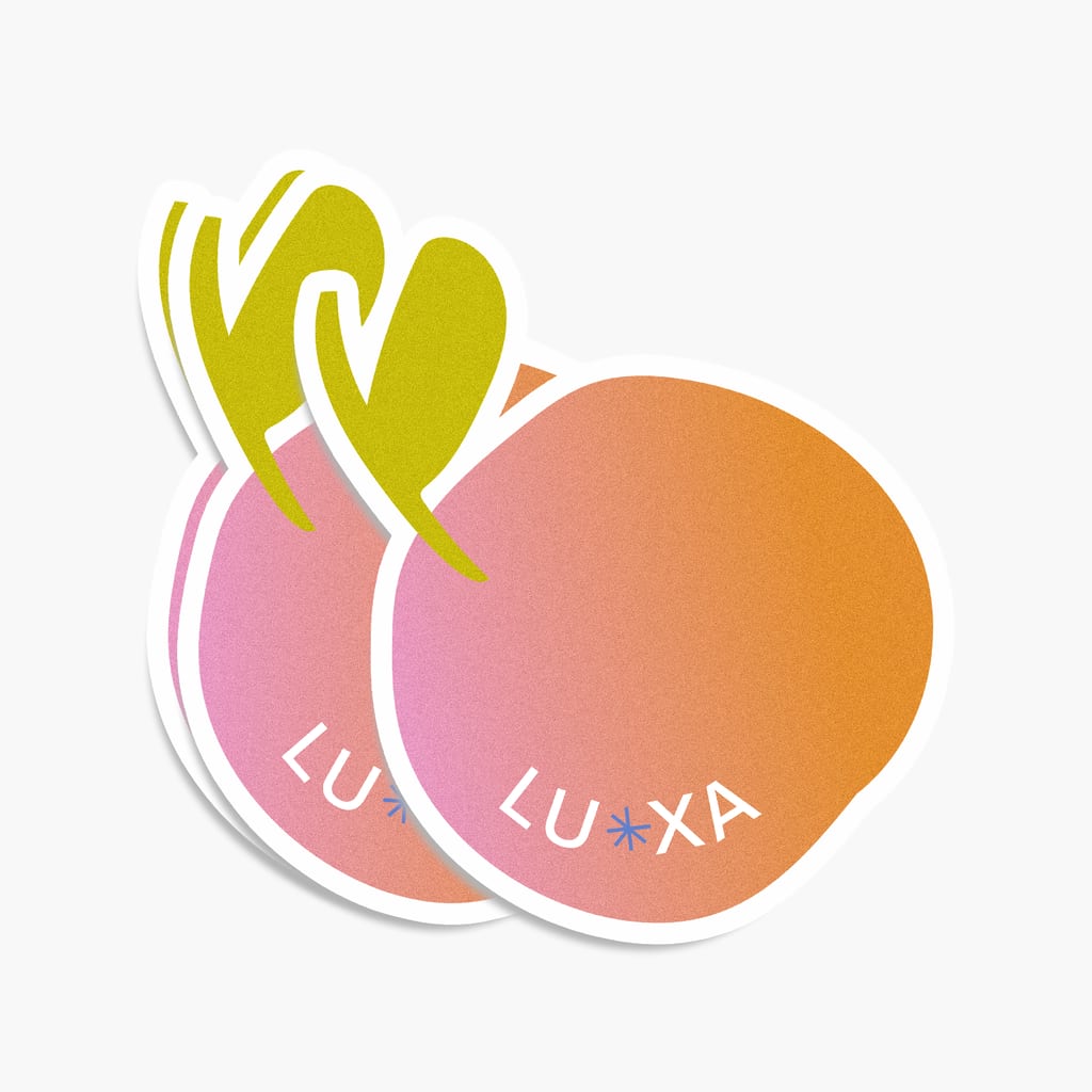 Die-cut single stickers that repeat the shape of the brand logo, a peach