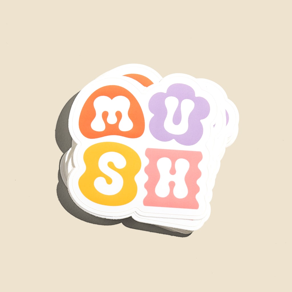 A set of thicker die-cut branded stickers for MUSH