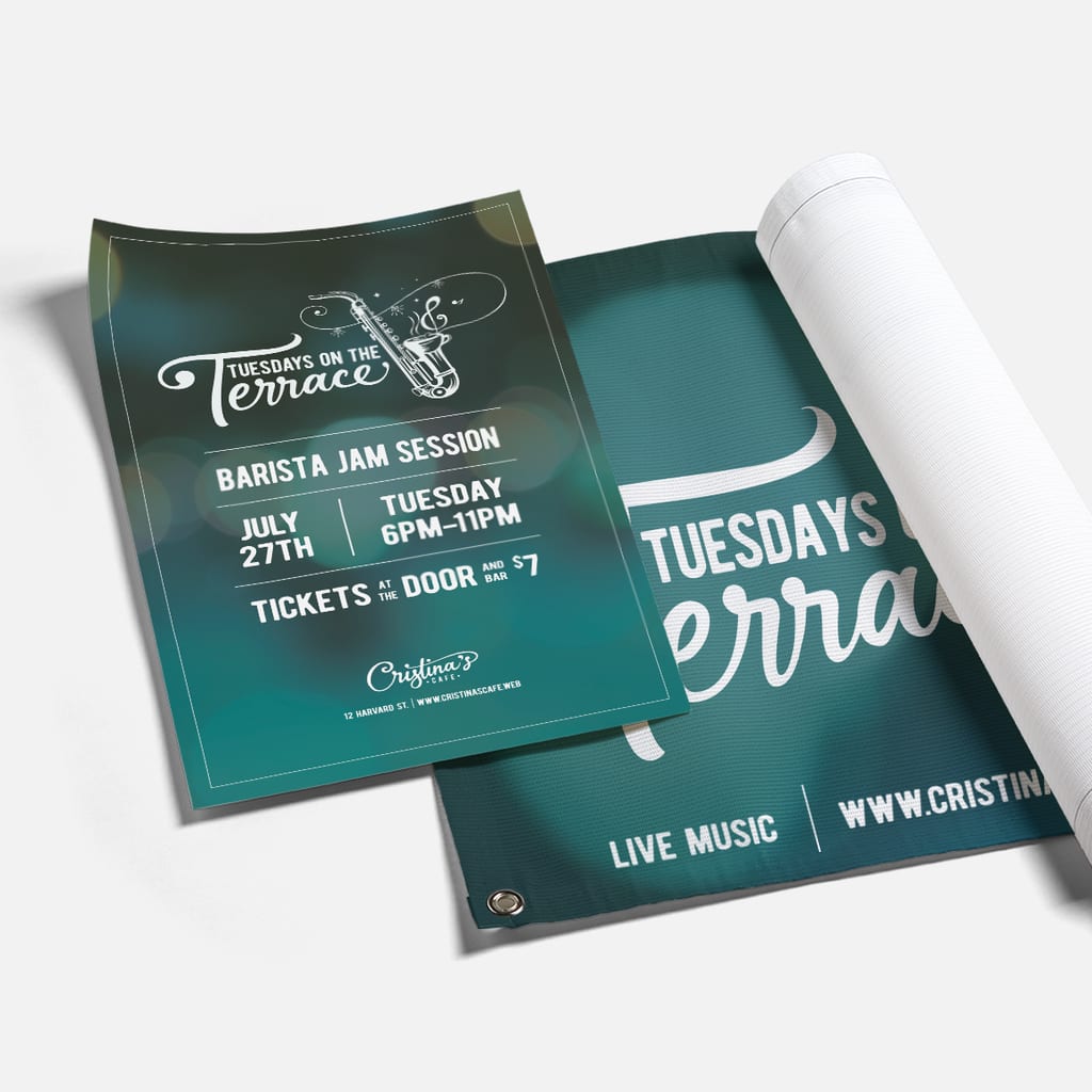 Affiches vertes et blanches pour un café