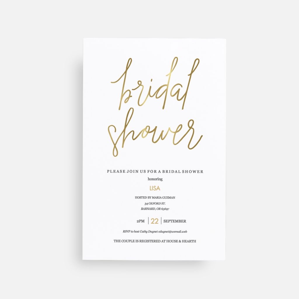Bridal shower invitation in a golden, cursive font