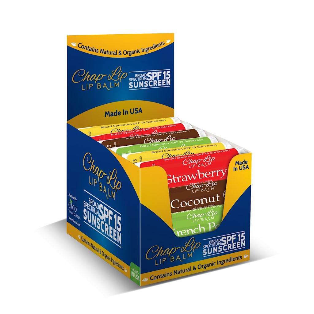 Shelf-ready lip balm display box featuring colorful SPF lip balm products in a branded retail-ready countertop packaging design.
