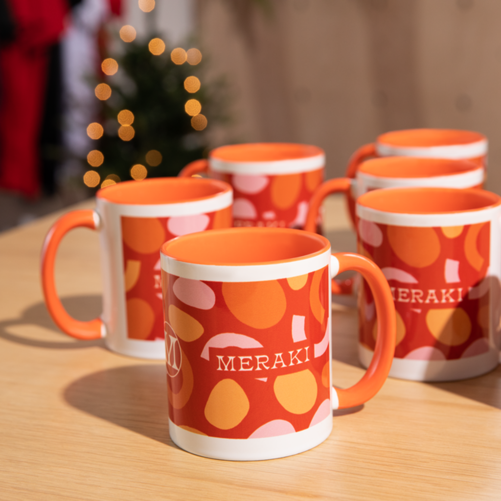 Branded festive mugs in red and orange