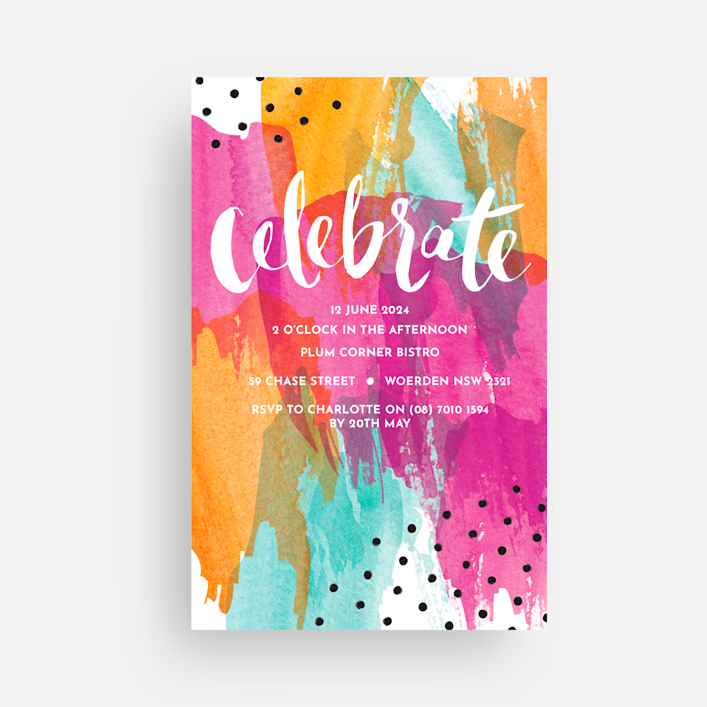 invitation to "celebrate" with colorful background
