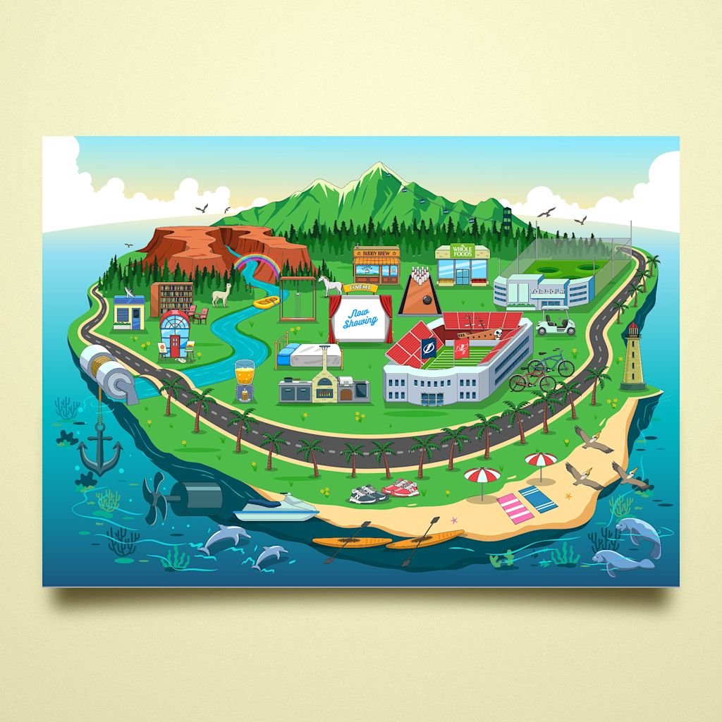 Island map illustration of an island with sports stadiums