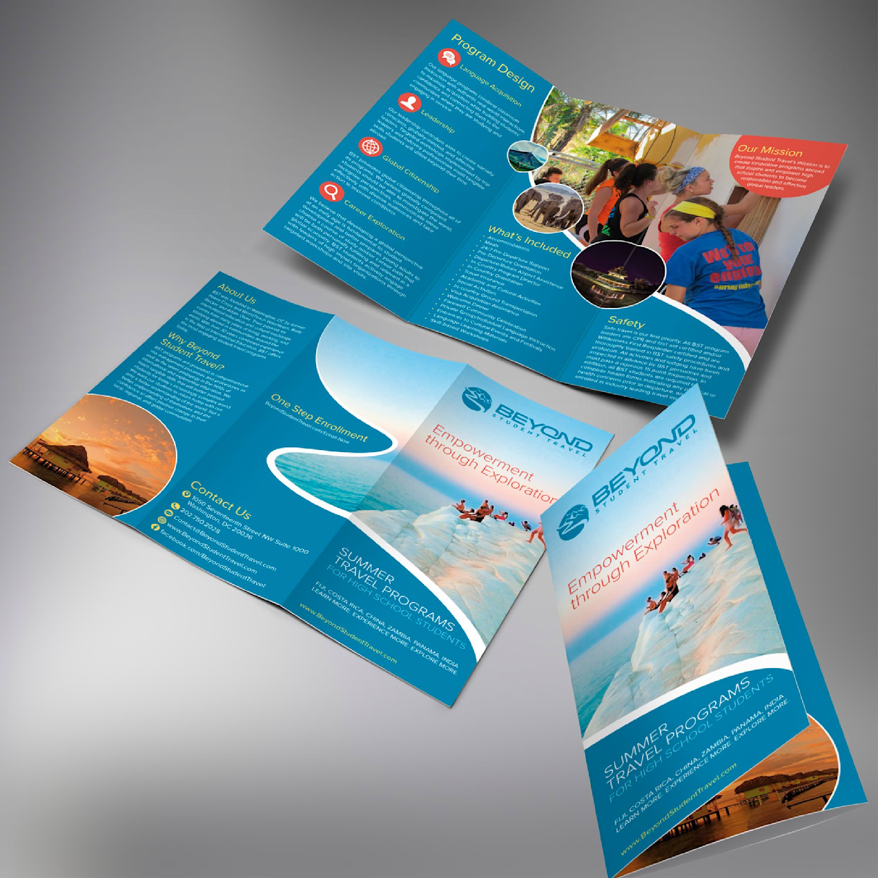 blue tri-fold brochure for summer travel programs