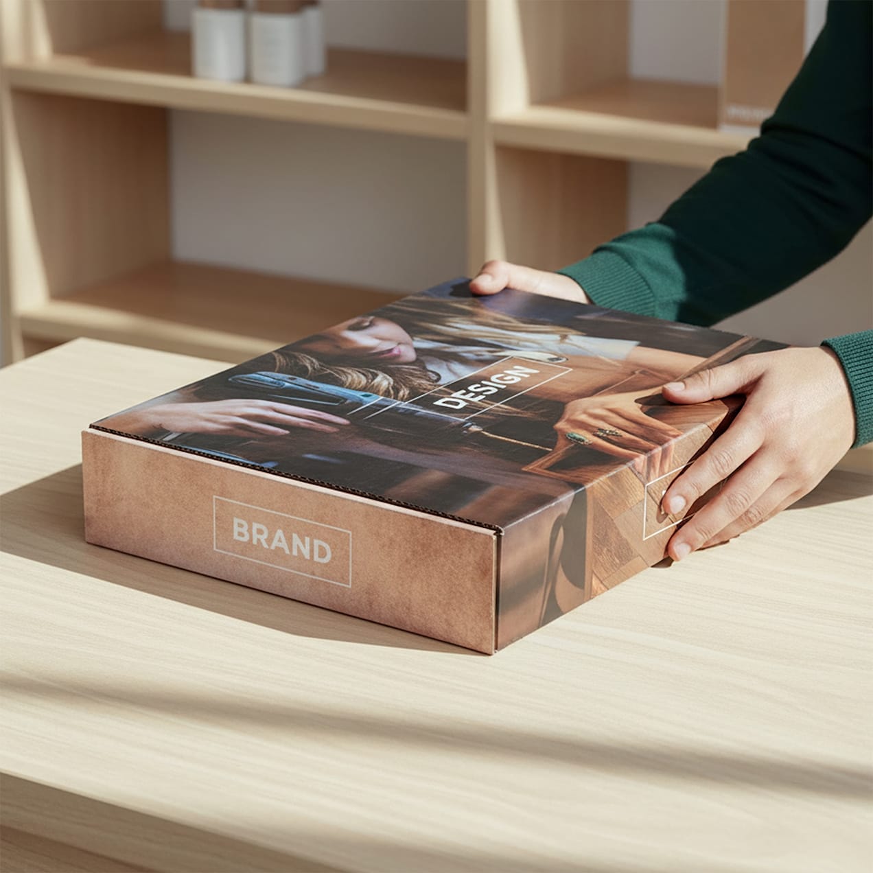 Hands holding an eco-friendly packaging flat cardboard box.