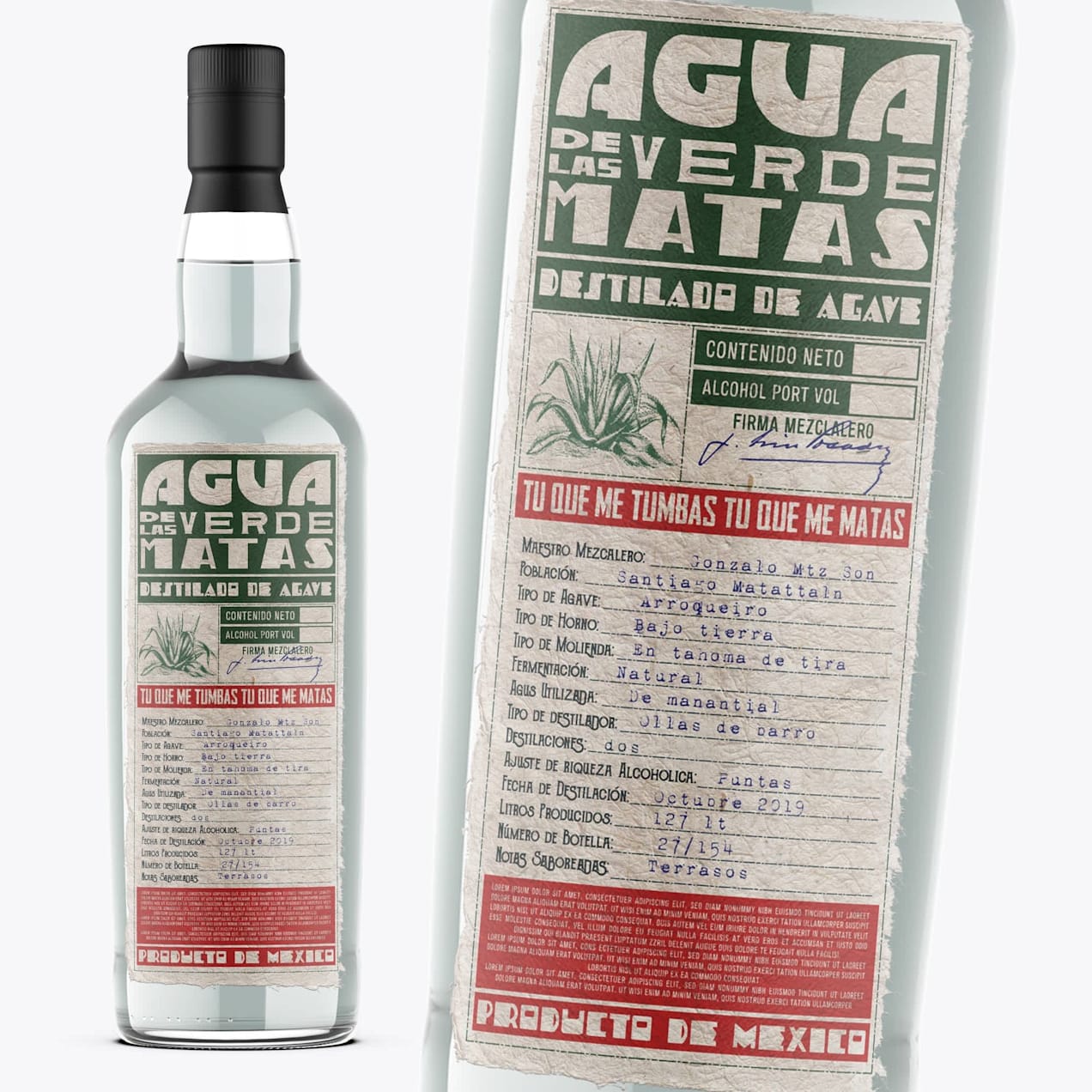 Agave spirit bottle with distressed paper-style label, dense production notes, bold vintage typography and handcrafted mezcal-inspired aesthetic.