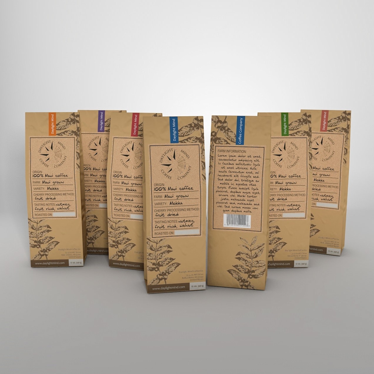 Kraft coffee bags with hand-drawn botanical illustrations, origin details and color-coded labels designed to highlight roast variety and small-batch sourcing.