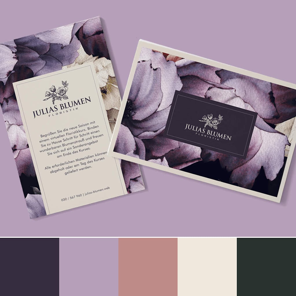Flyer und Postkarten lila Brand Design Floristik