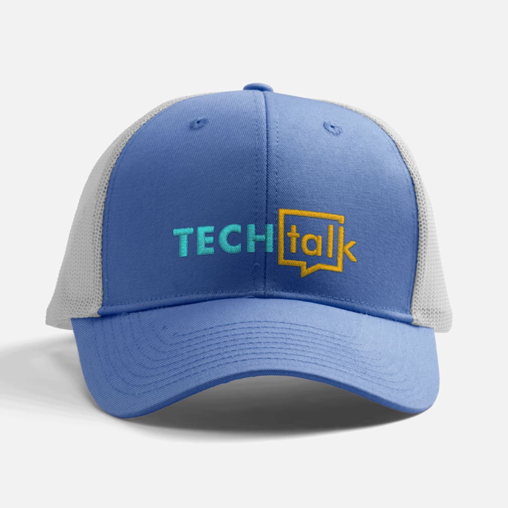 A White & Blue Low-Profile Snapback Trucker Cap promoting a tech business