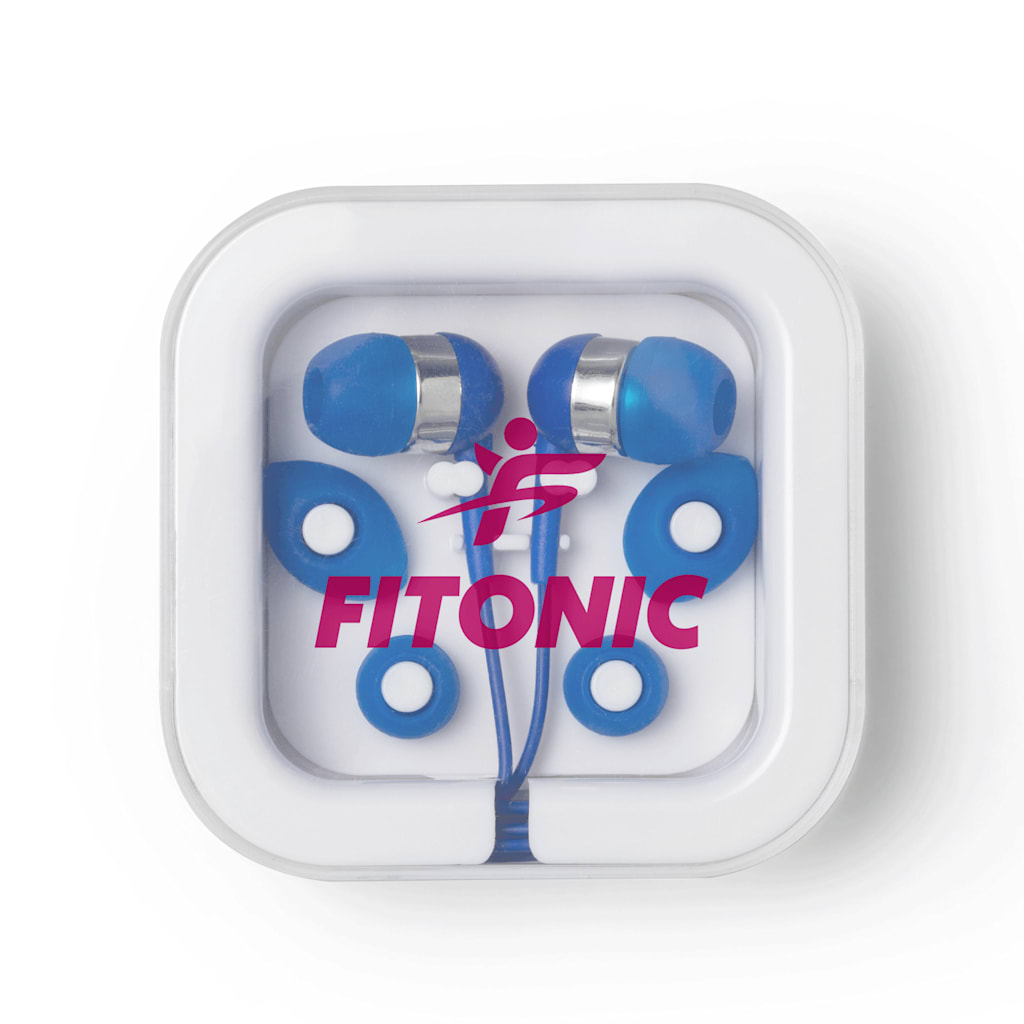 A blue color pop earbuds with clear case promoting sport business