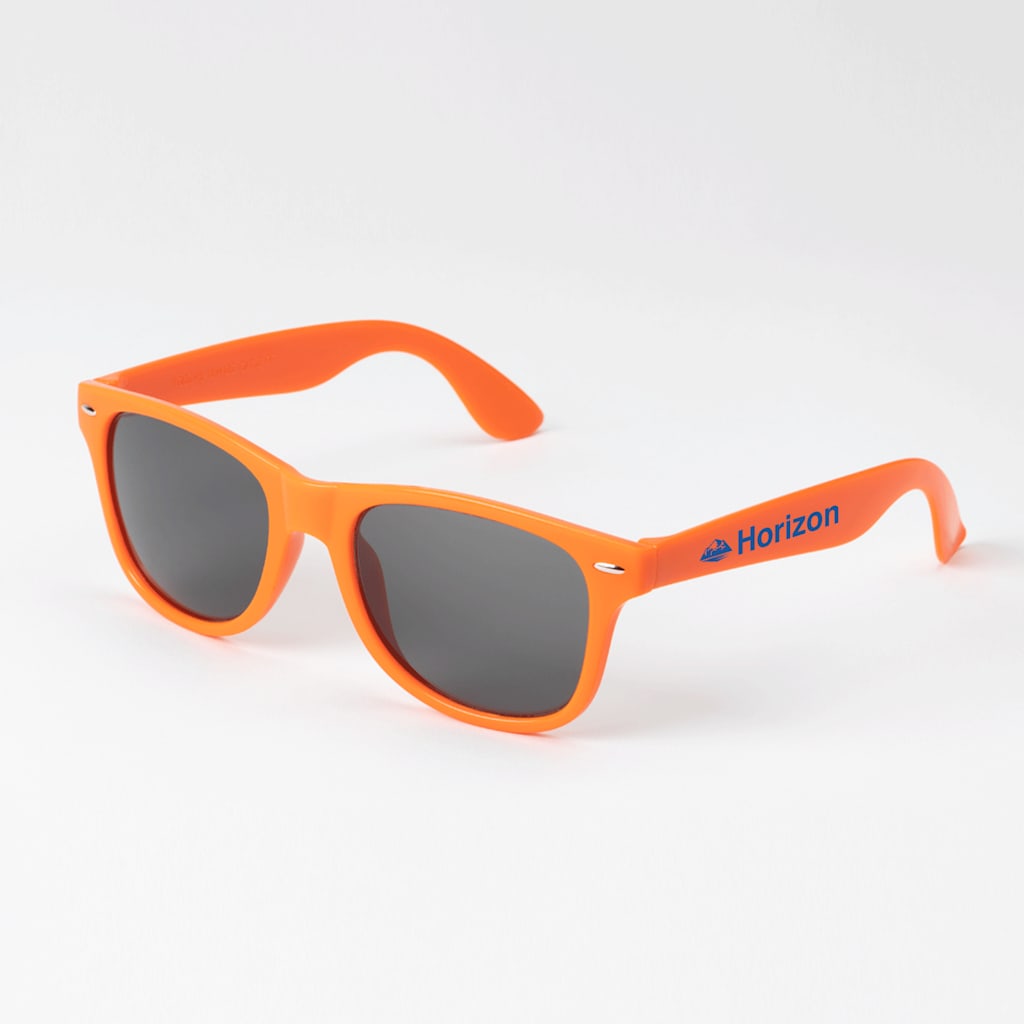An orange retro sunglasses promoting a travel business