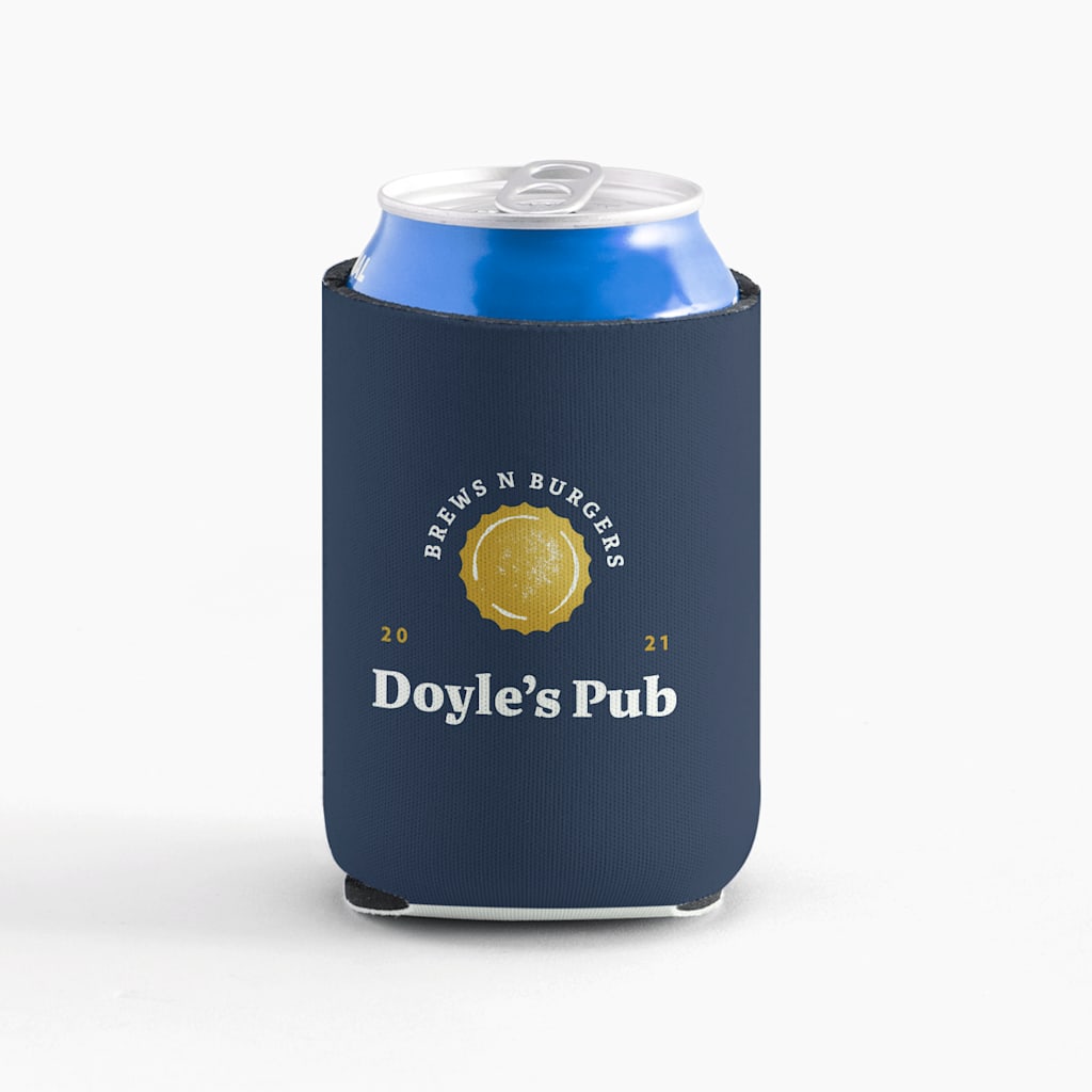 A blue can cooler promoting a bar.