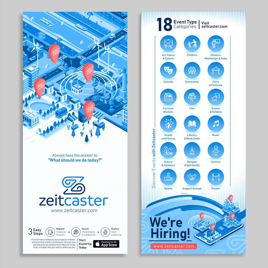 Tall white postcard with blue images and text