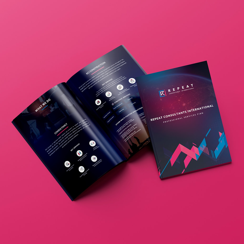 black, pink and blue brochure