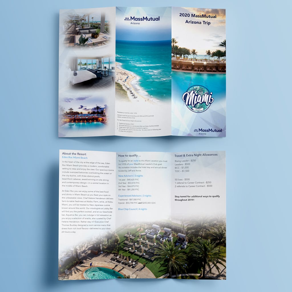 Front and back view of folded travel leaflet