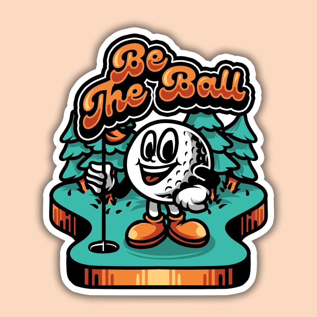 Illustrated sticker design with a cartoon golf ball character