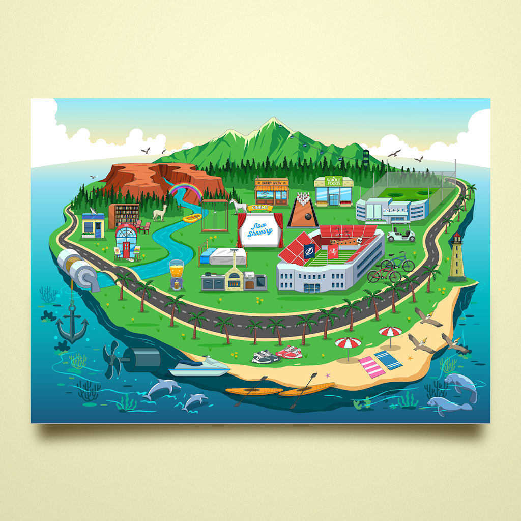 Island map illustration of an island with sports stadiums