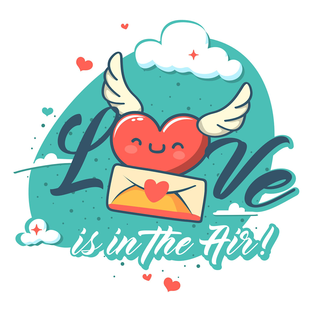 Colorful Valentine&rsquo;s Day illustration of a winged heart holding a love letter with the words &ldquo;Love is in the Air!&rdquo;