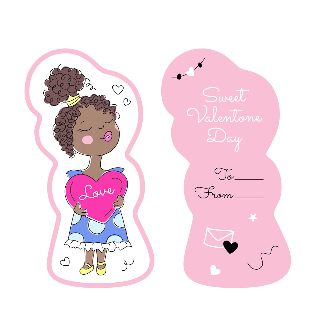Illustrated Valentine&rsquo;s Day card featuring a girl holding a pink heart, with &ldquo;Sweet Valentine Day&rdquo; text and space for names.