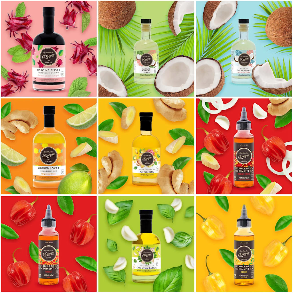 Instagram images showing different bottled products against bright backgrounds.