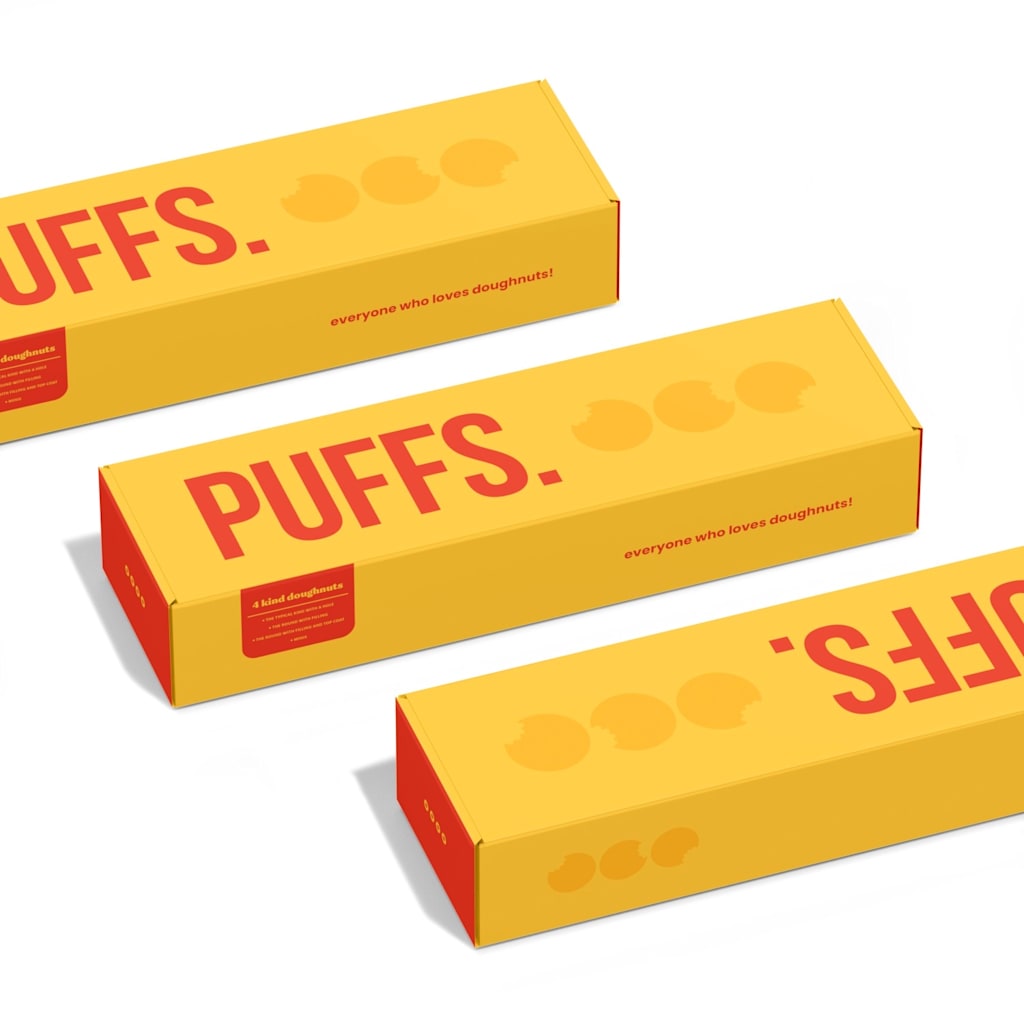 Minimalist doughnut packaging design featuring long rectangular yellow boxes with bold red typography reading “PUFFS.”, subtle bite-shaped graphic accents and small supporting text.
