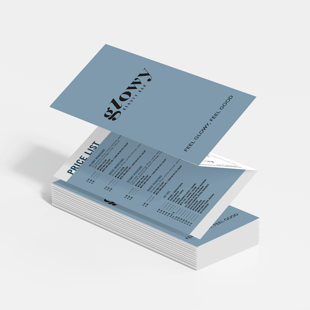 Pale blue brochure with a tri-fold